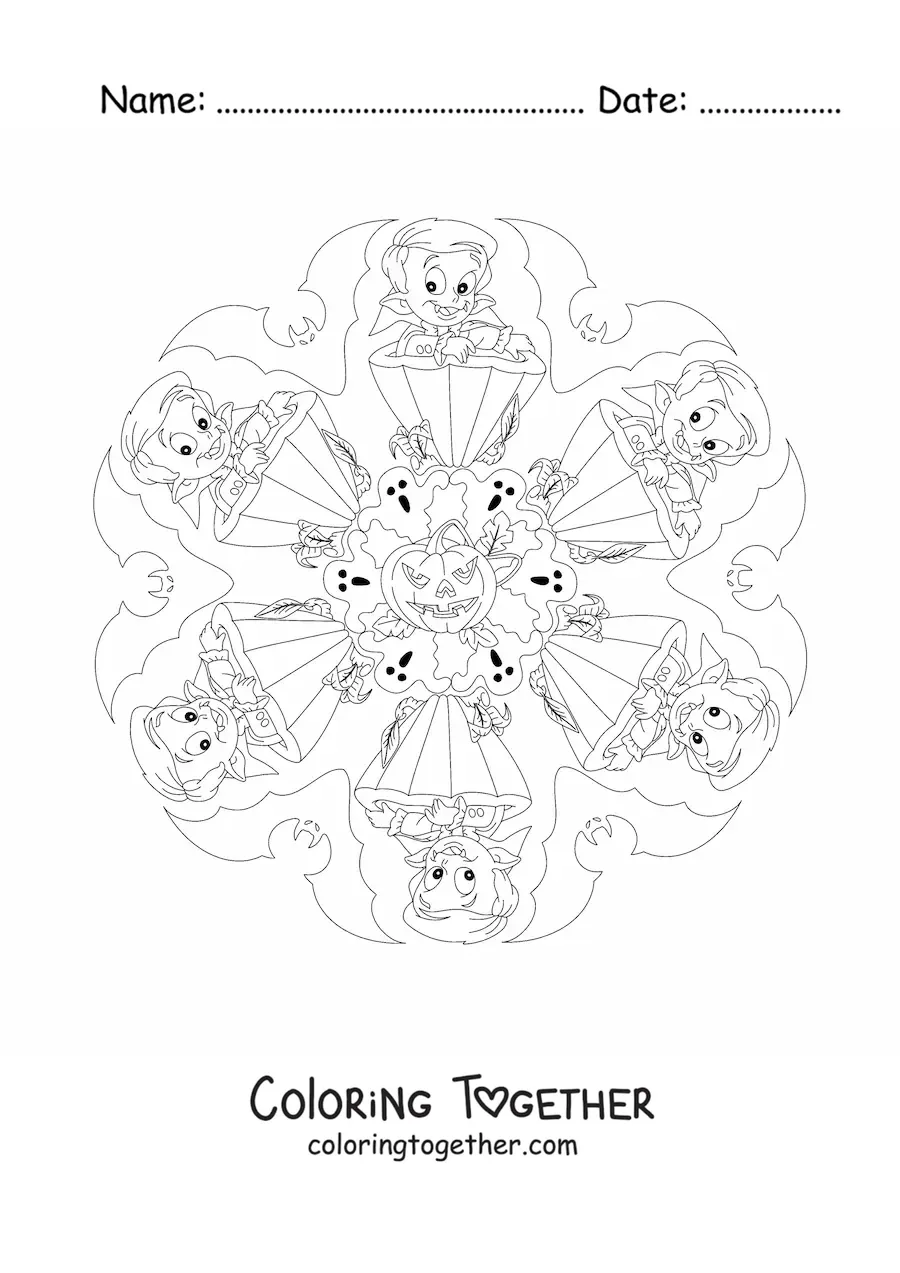 Coloring page of a Halloween mandala with a vampire and a pumpkin