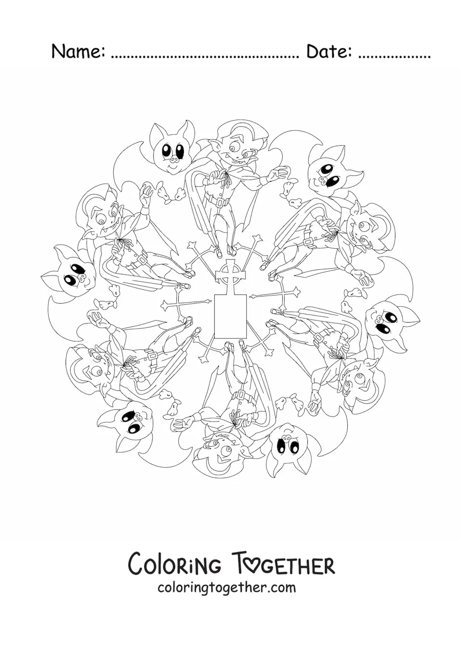 Coloring page of a Halloween mandala with a vampire and a bat