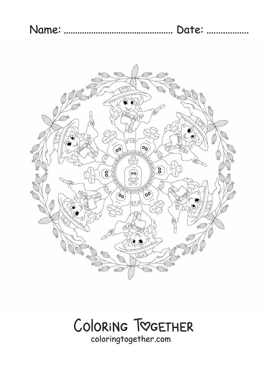 Coloring page of a Halloween mandala with a witch and potions