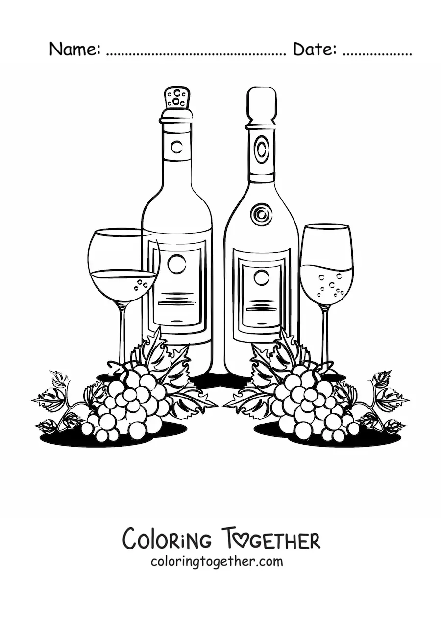 Coloring page of several grapes next to two bottles and two glasses of wine