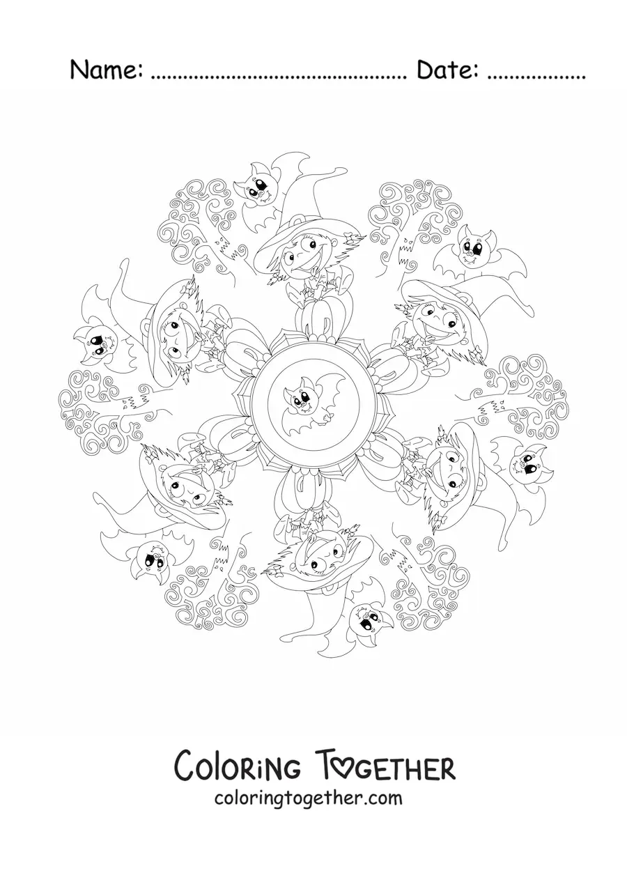 Coloring page of a Halloween mandala with a witch and bats