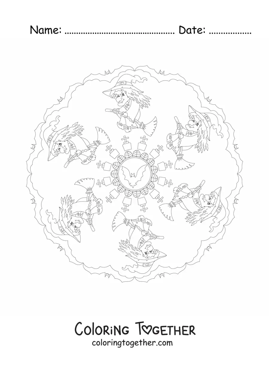 Coloring page of a Halloween mandala with a witch and bats
