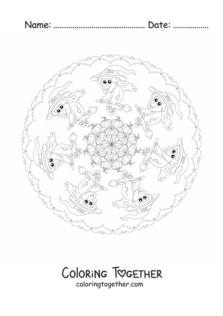 Coloring page of a Halloween mandala with a witch and bats