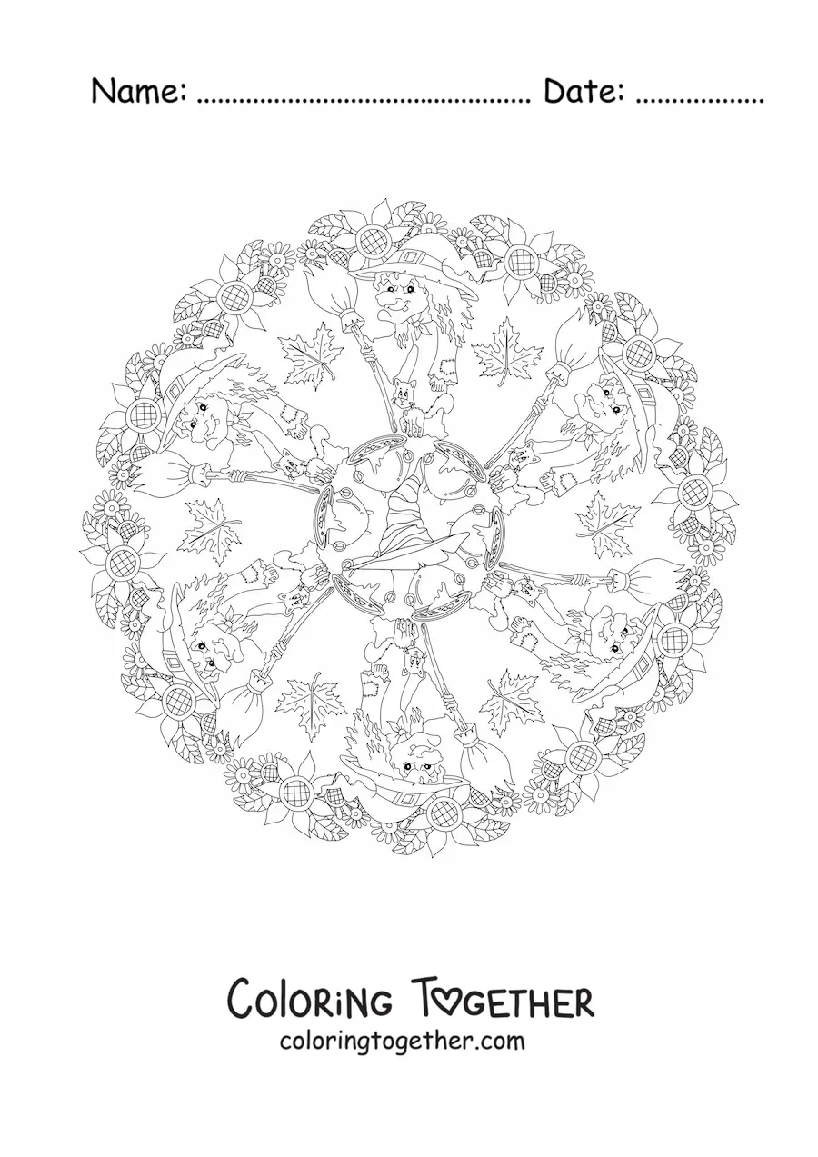 Coloring page of a Halloween mandala with a witch and a hat