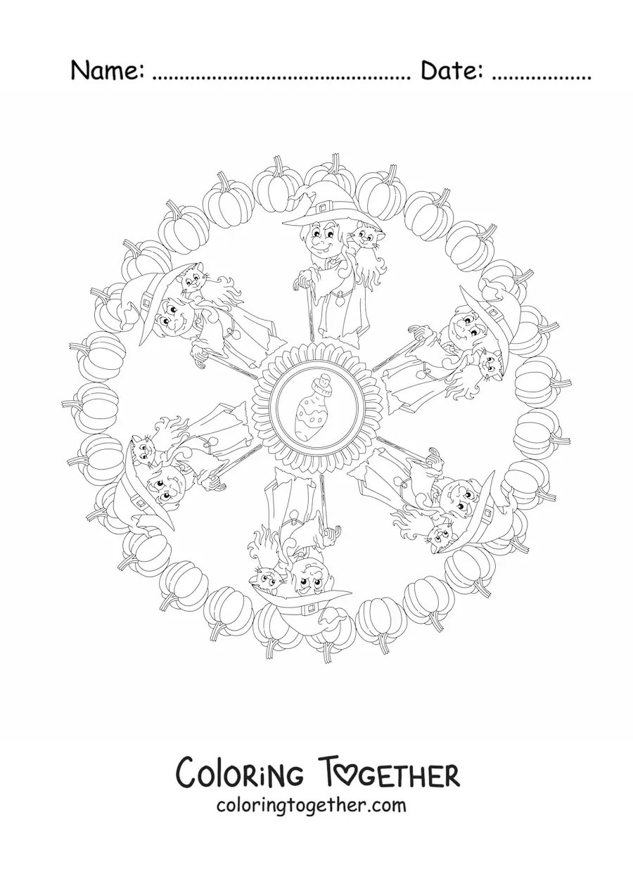 Coloring page of a Halloween mandala with a witch and a cat