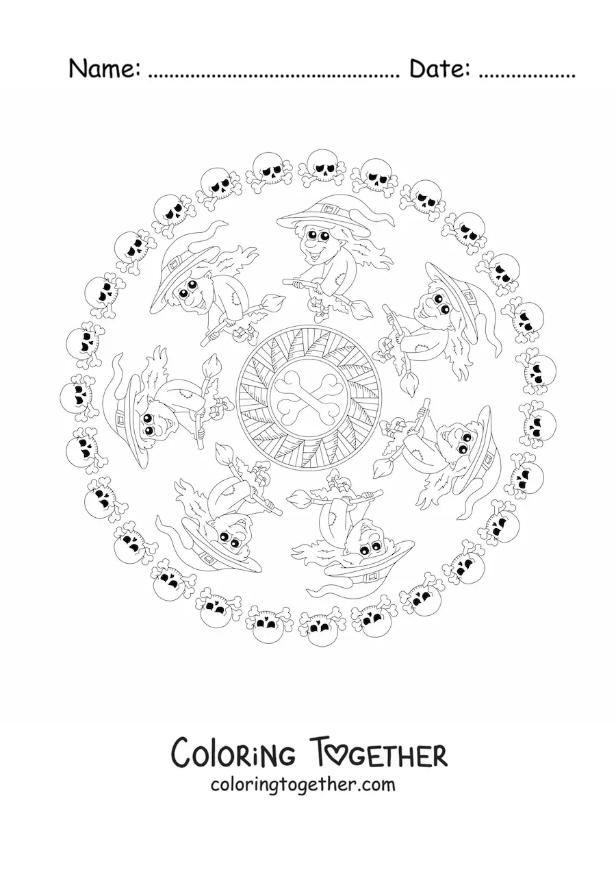 Coloring page of a Halloween mandala with a witch and skulls