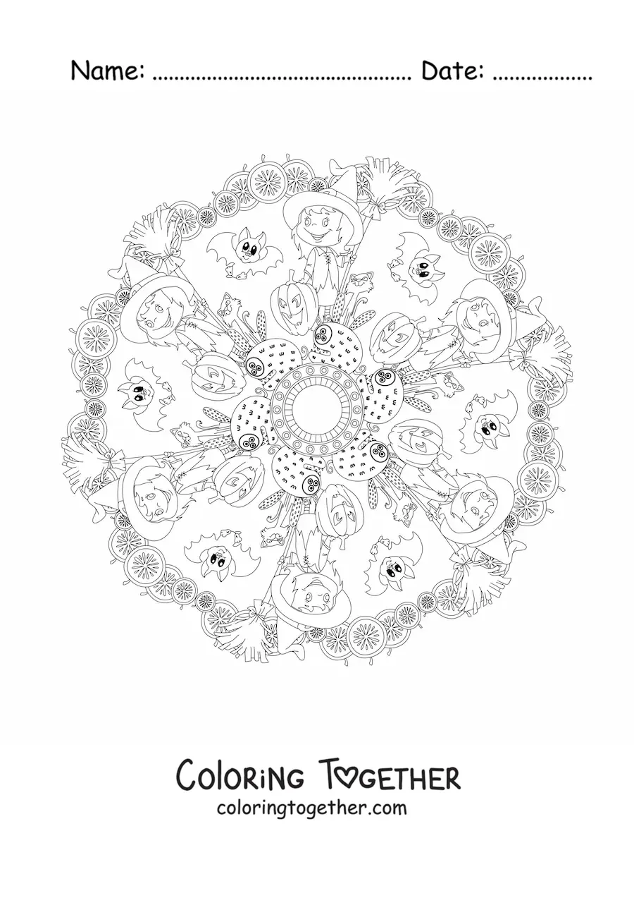 Coloring page of a Halloween mandala with a witch and a pumpkin