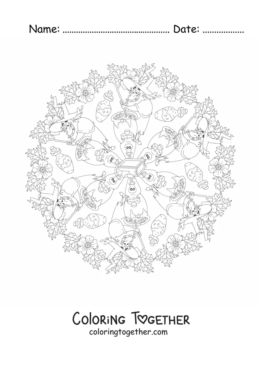 Coloring page of a Halloween mandala with a witch and a cauldron