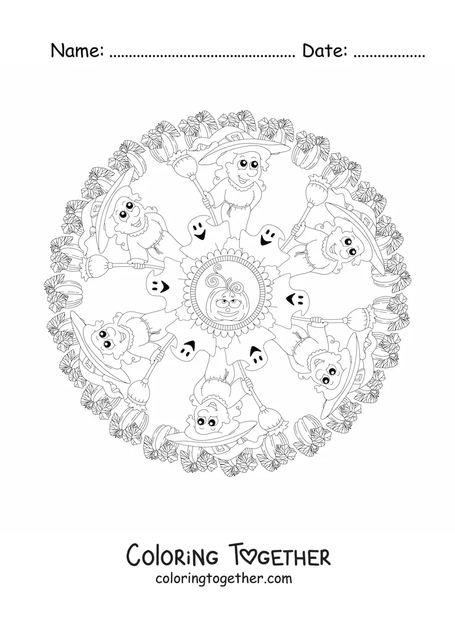 Coloring page of a Halloween mandala with a witch and ghosts