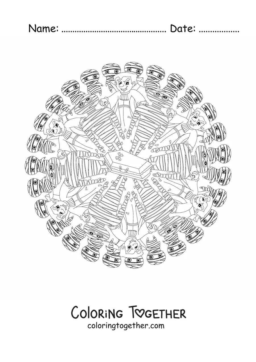 Coloring page of a Halloween mandala with a vampire and a mummy