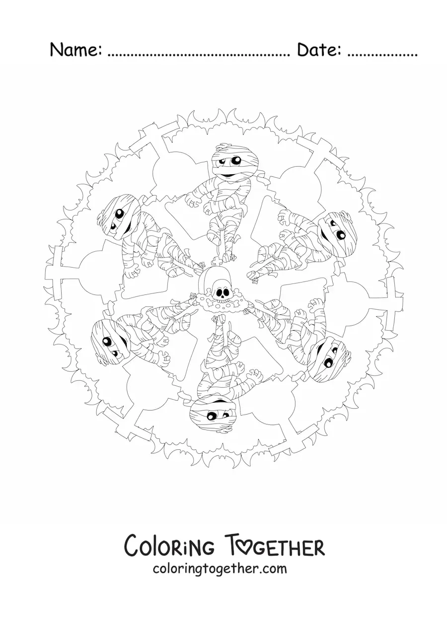 Coloring page of a Halloween mandala with a mummy
