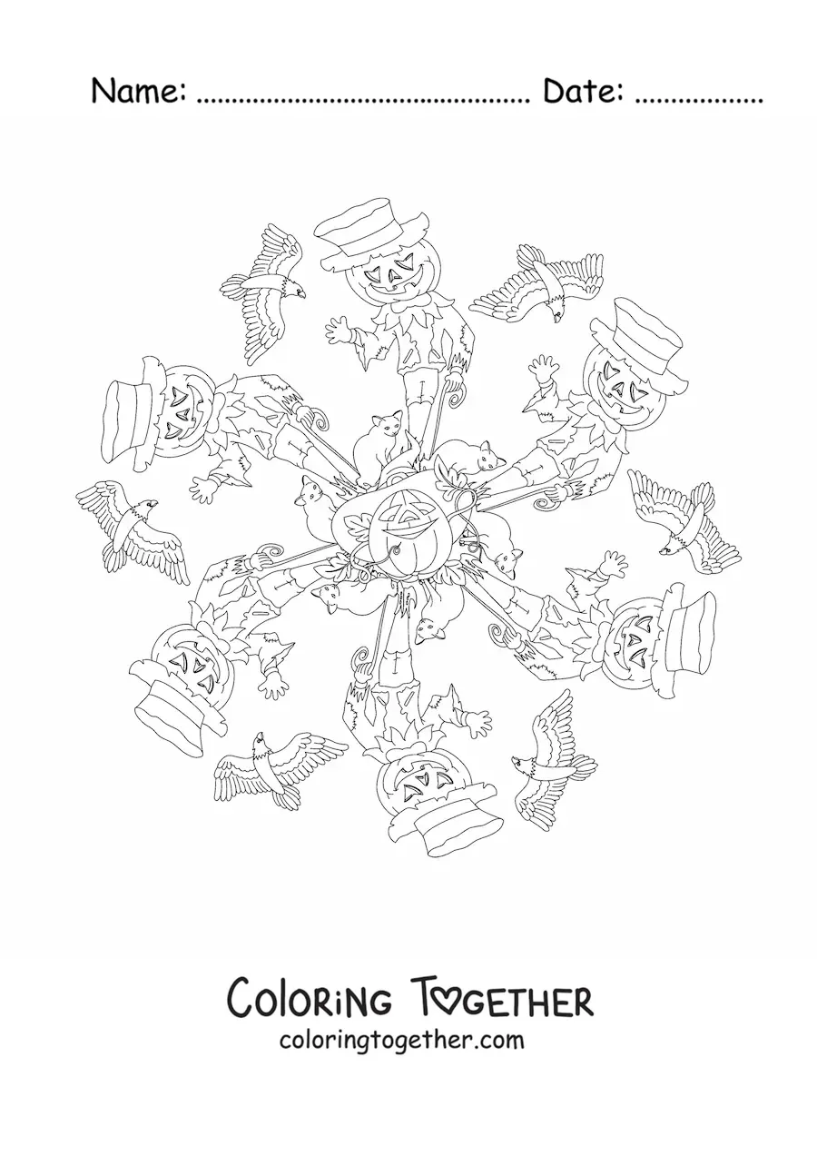 Coloring page of a Halloween mandala with a scarecrow