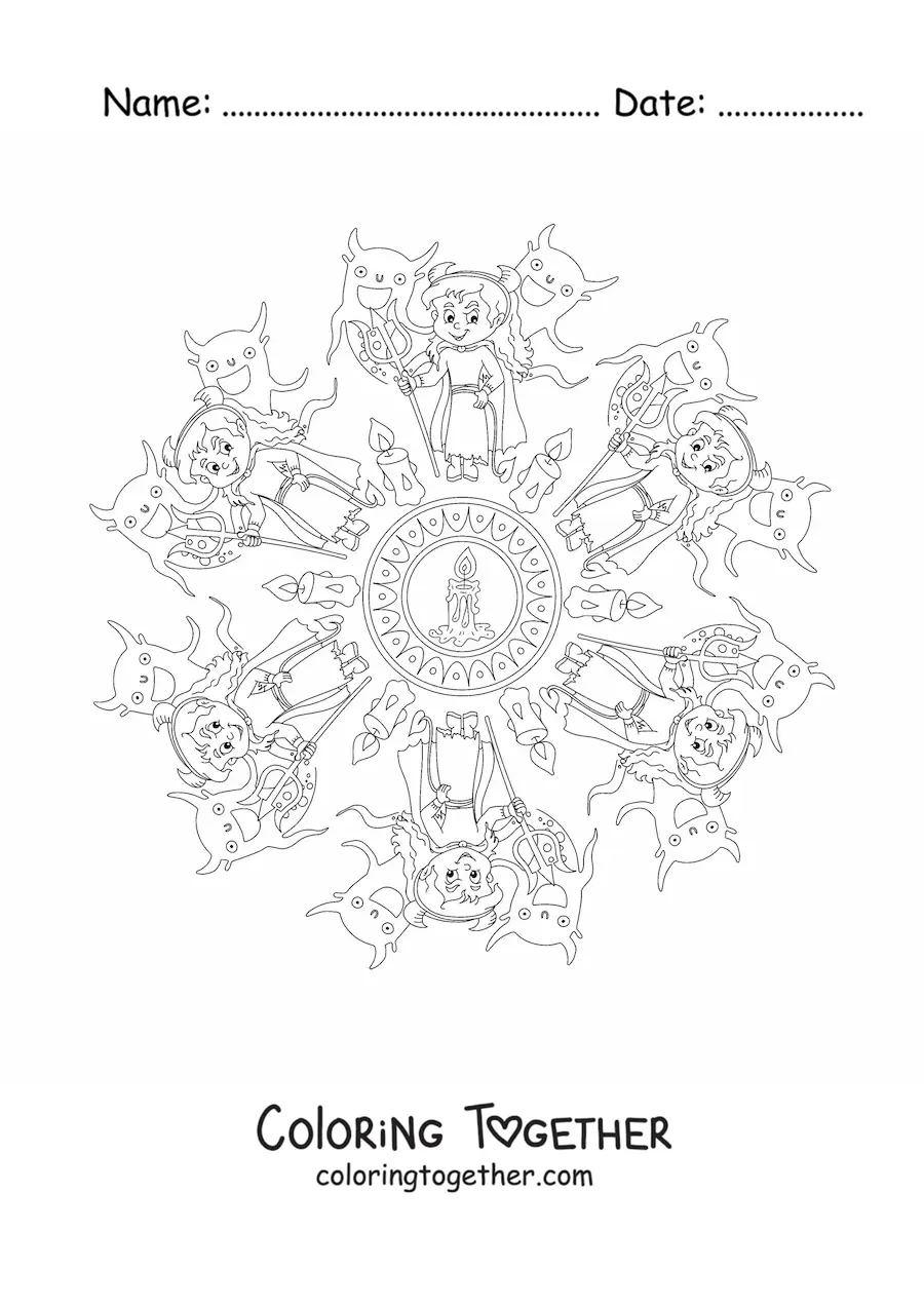 Coloring page of a Halloween mandala with a girl in costume