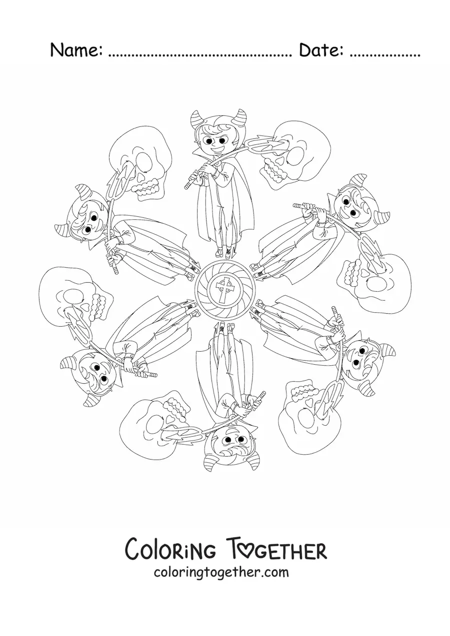 Coloring page of a Halloween mandala with a boy in costume