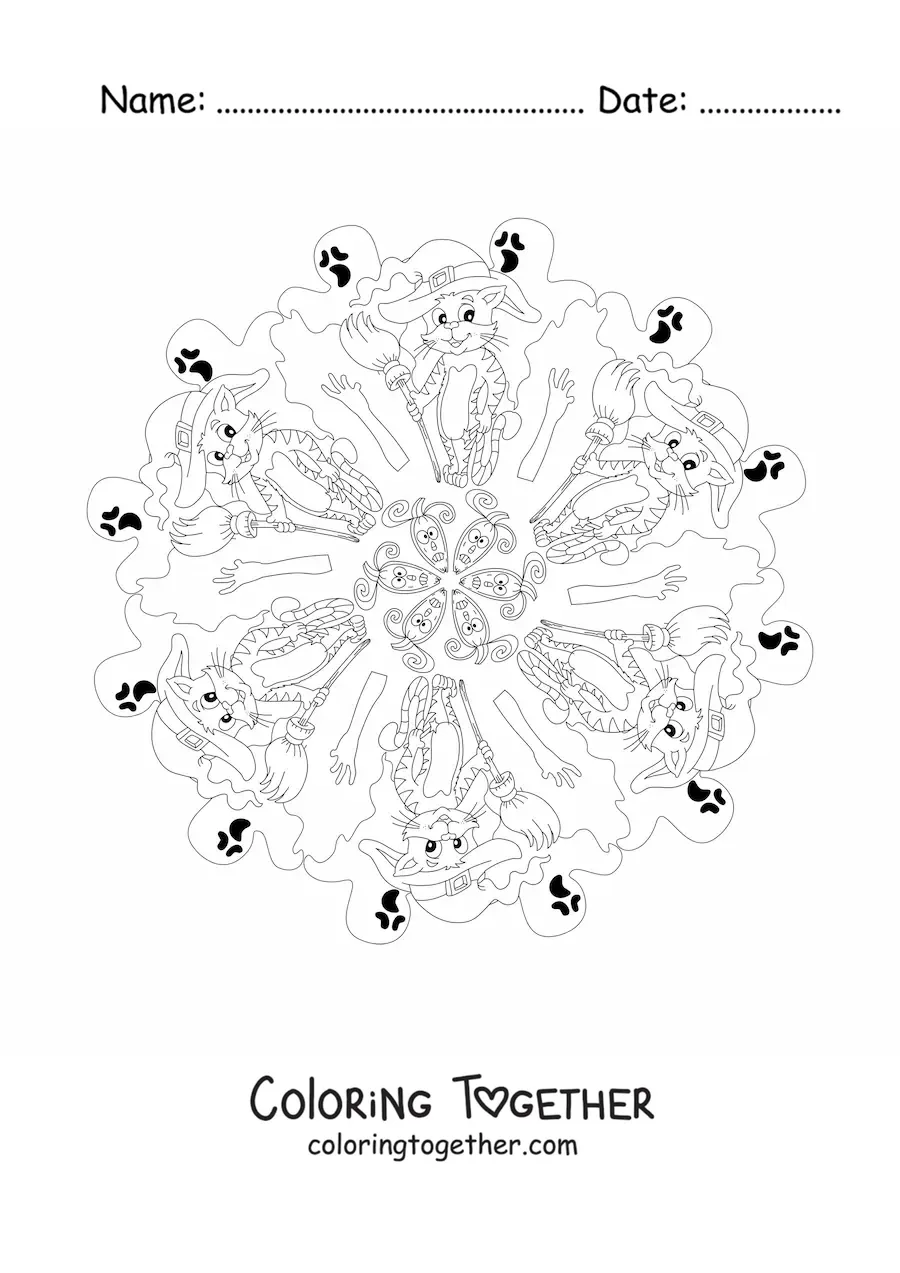 Coloring page of a Halloween mandala with a cat and ghosts