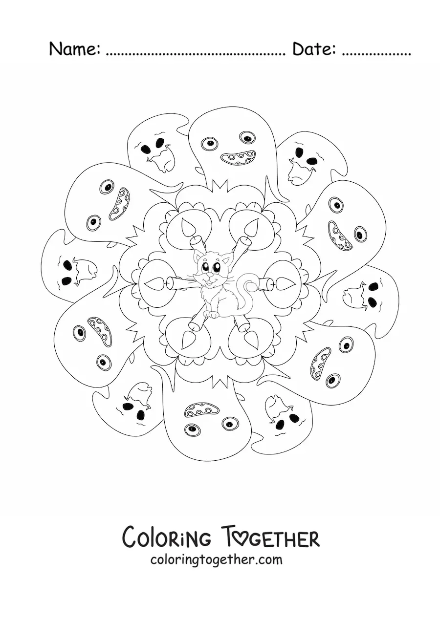 Coloring page of a Halloween mandala with a cat and ghosts