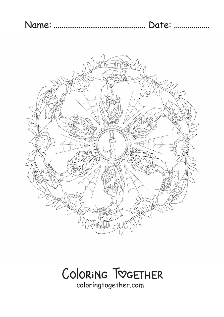 Coloring page of a Halloween mandala with a cat and spiderwebs
