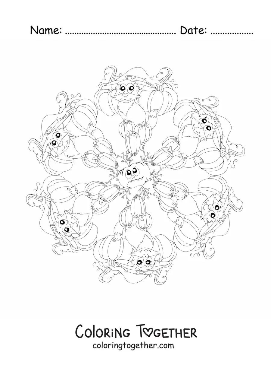 Coloring page of a Halloween mandala with a cat and pumpkins