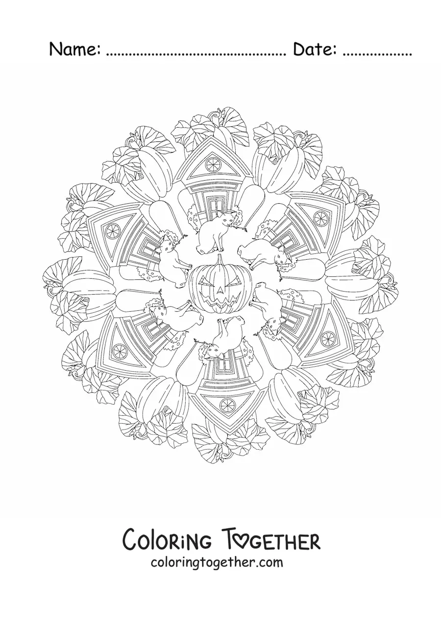 Coloring page of a Halloween mandala with a haunted house and pumpkins