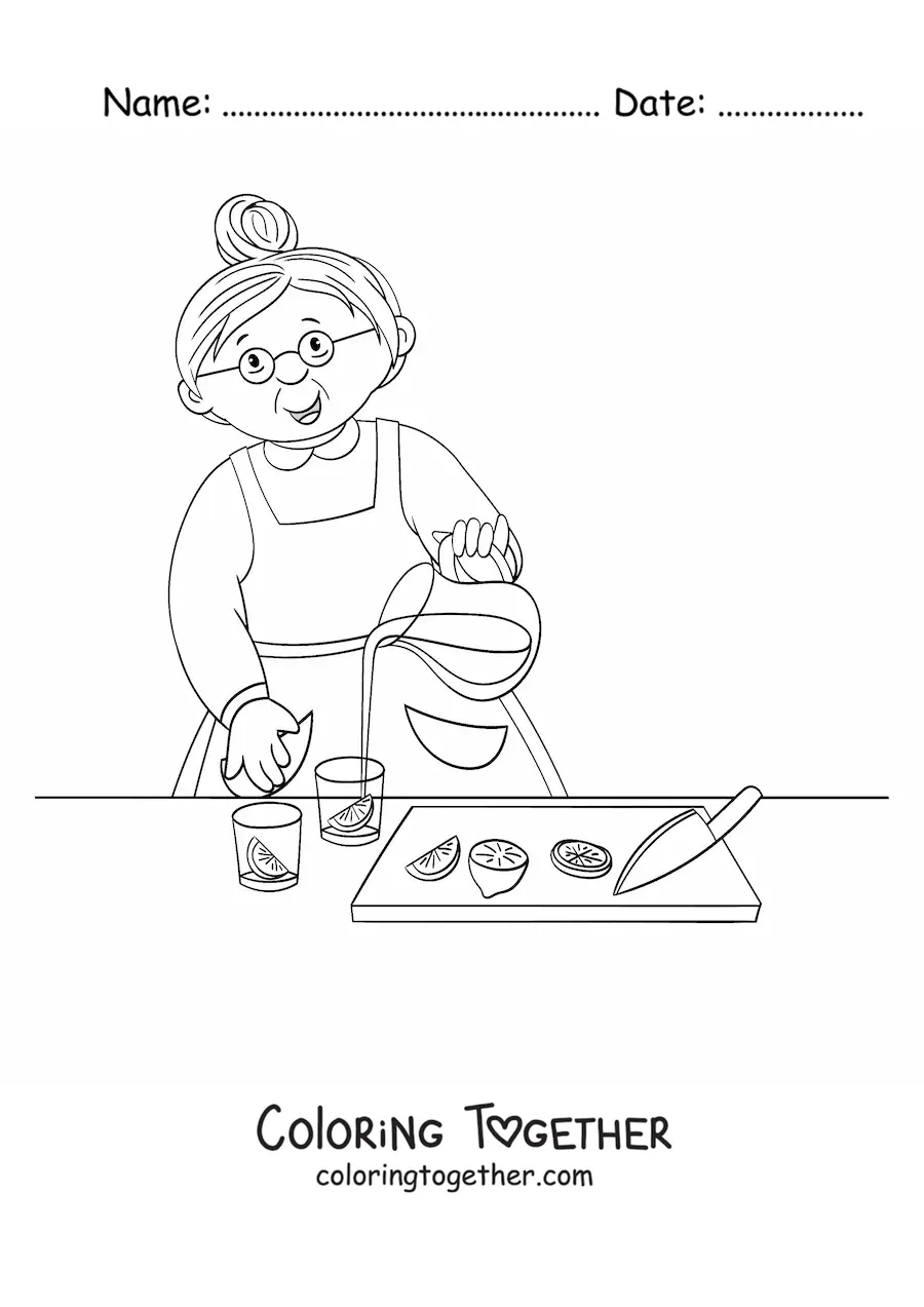 Coloring page of a grandma making lemonade