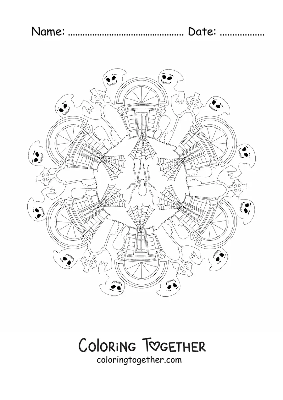 Coloring page of a Halloween mandala with a haunted house and ghosts