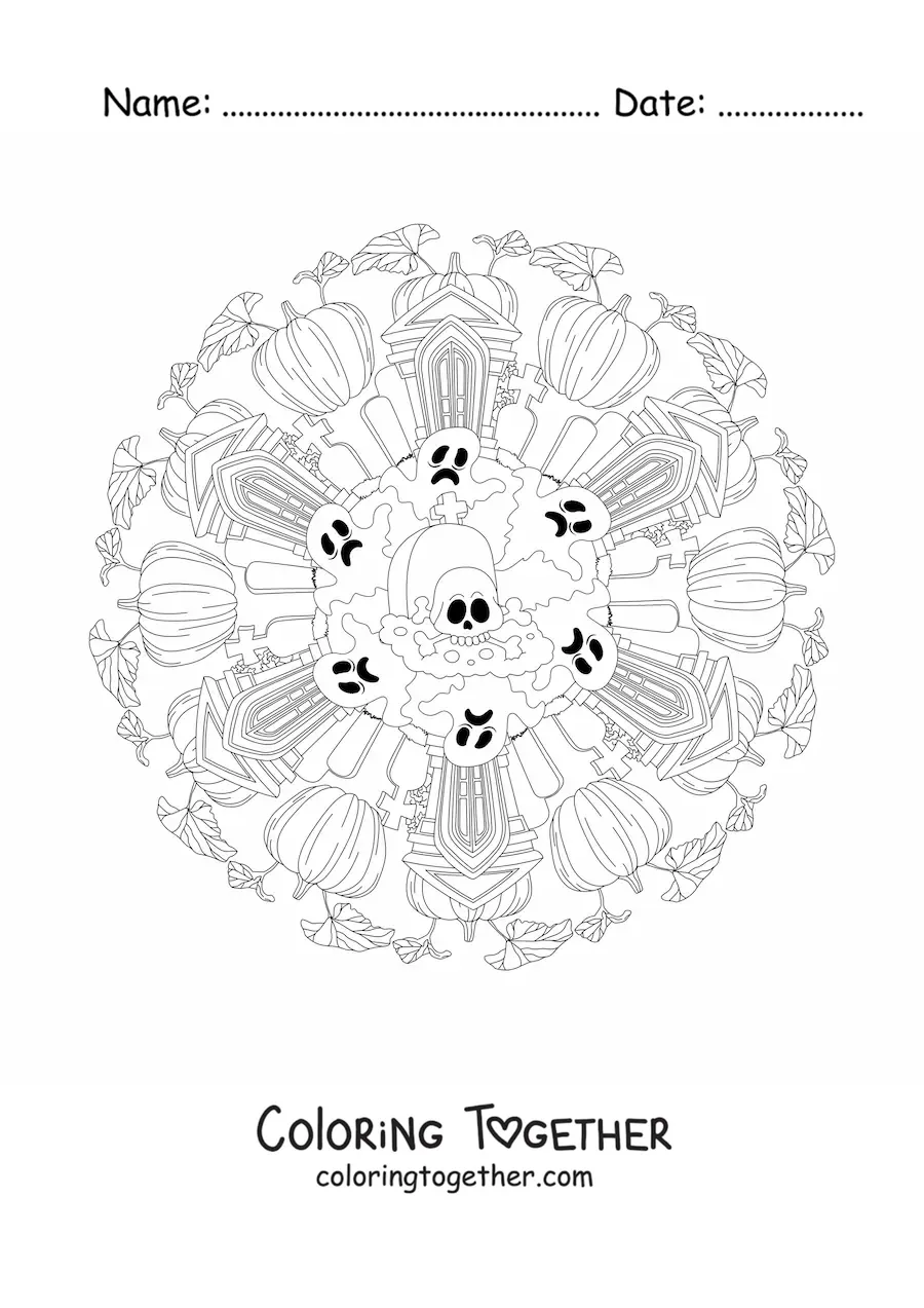 Coloring page of a Halloween mandala with a haunted house and a skull