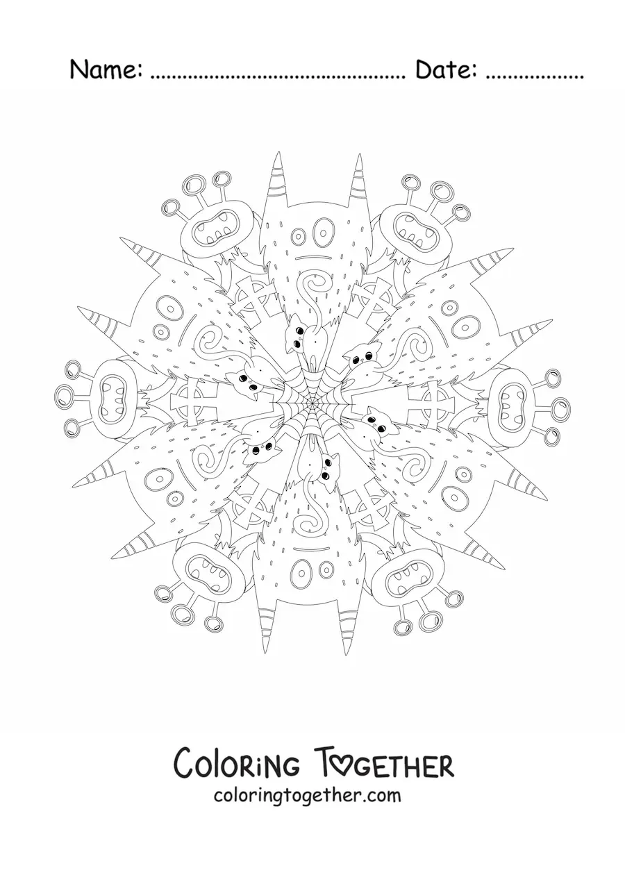 Coloring page of a Halloween mandala with monsters