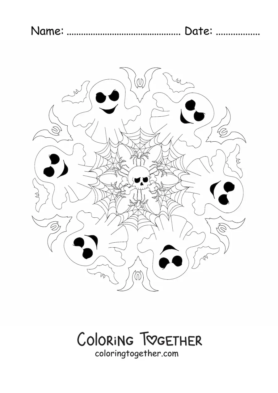 Coloring page of a Halloween mandala with bats and ghosts