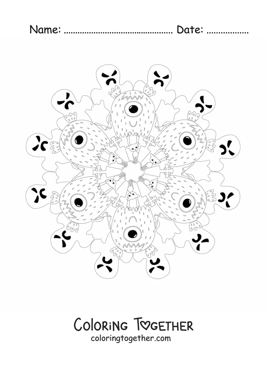 Coloring page of a Halloween mandala with monsters and ghosts