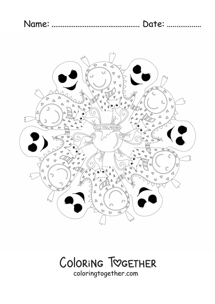 Coloring page of a Halloween mandala with monsters and ghosts
