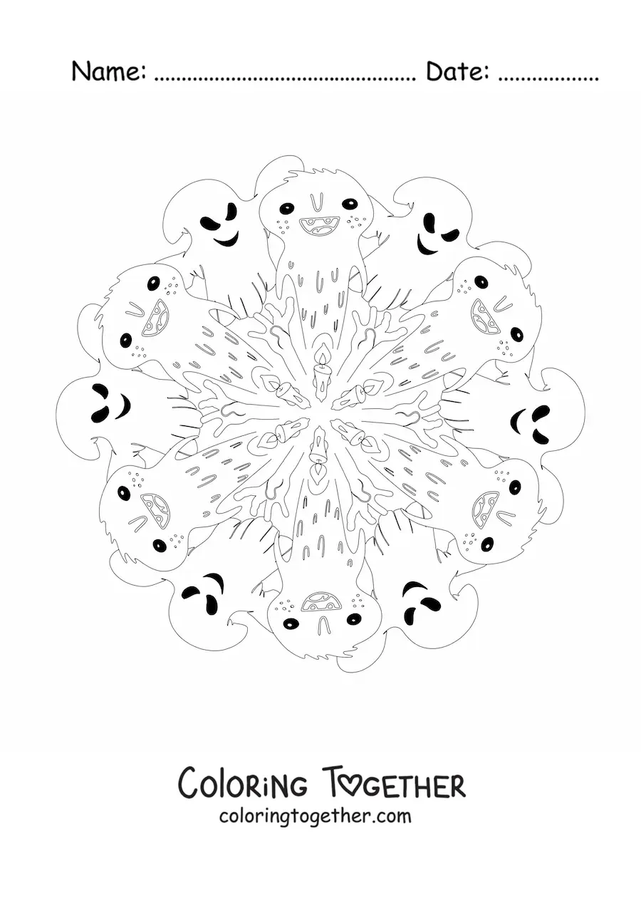 Coloring page of a Halloween mandala with monsters and ghosts