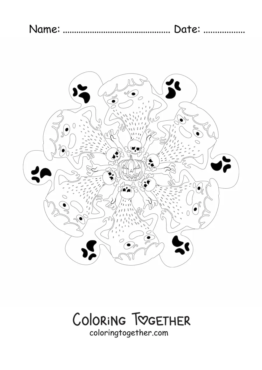 Coloring page of a Halloween mandala with monsters and ghosts