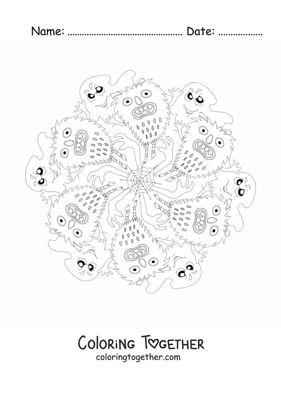 Coloring page of a Halloween mandala with monsters and ghosts