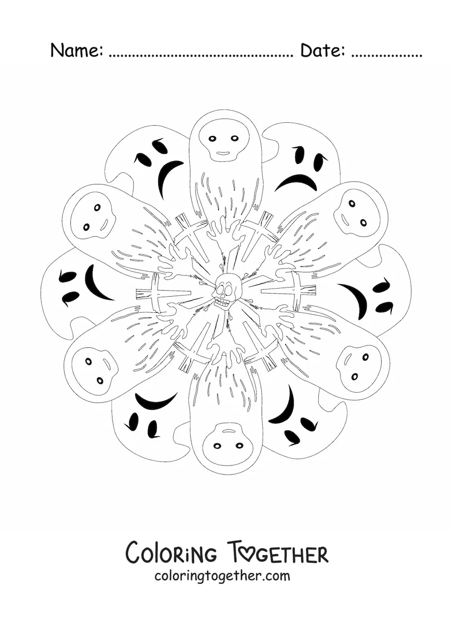 Coloring page of a Halloween mandala with ghosts