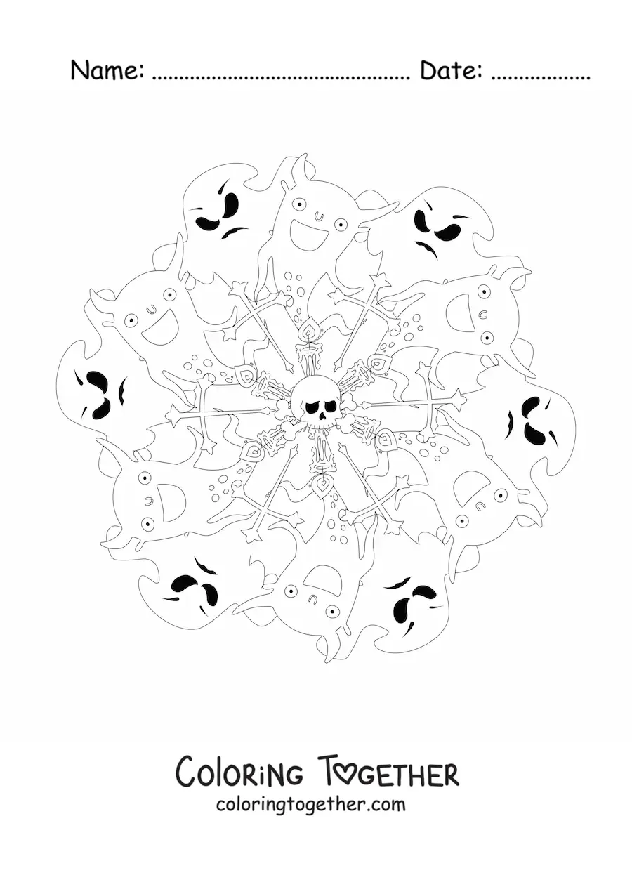Coloring page of a Halloween mandala with ghosts