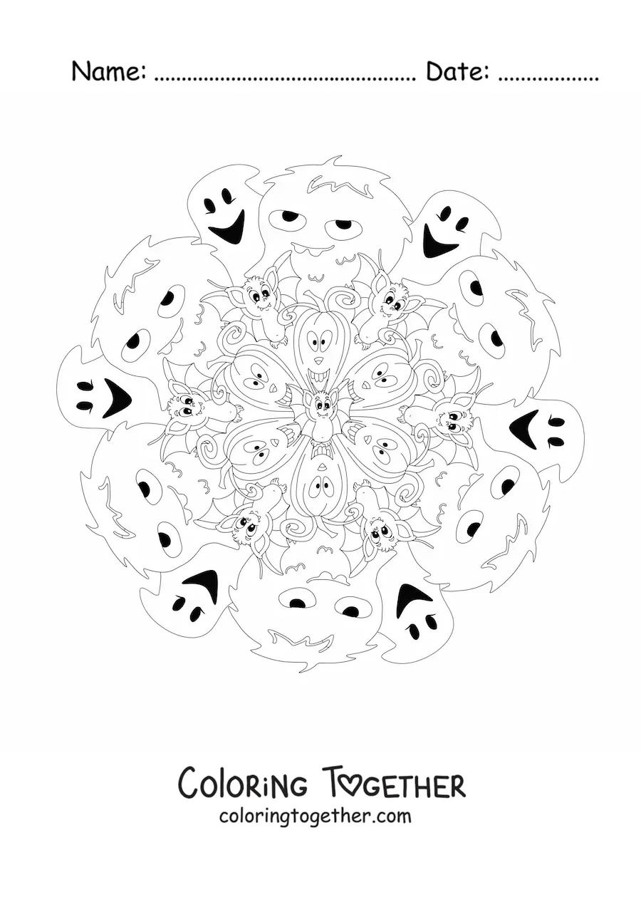 Coloring page of a Halloween mandala with ghosts