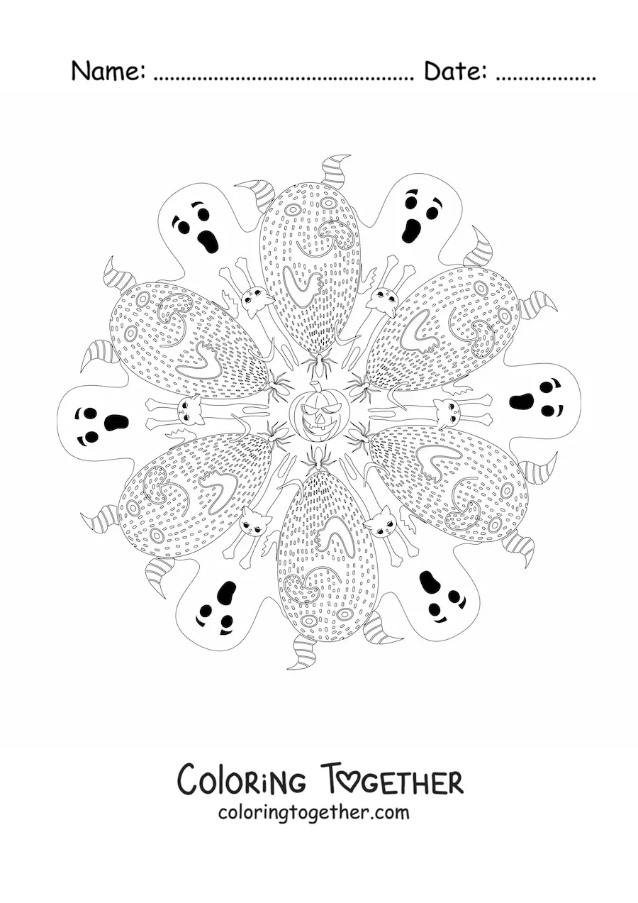 Coloring page of a Halloween mandala with ghosts