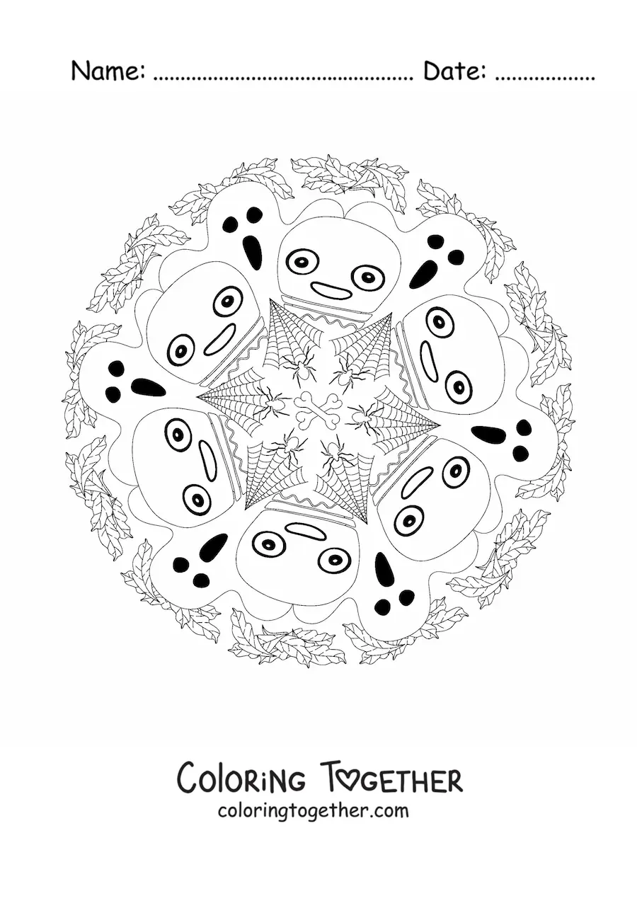 Coloring page of a Halloween mandala with ghosts