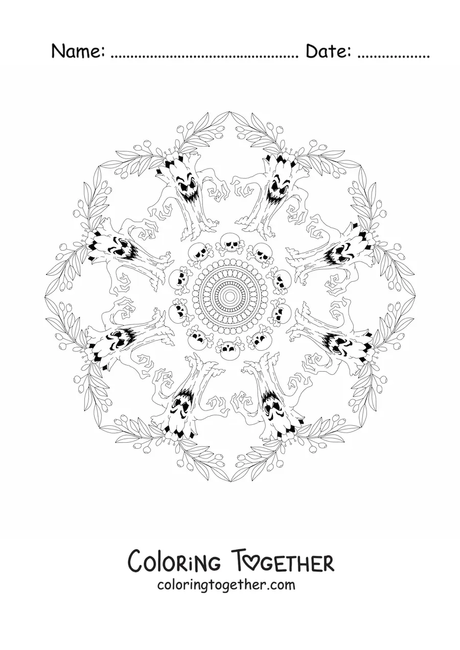 Coloring page of a Halloween mandala with a haunted tree
