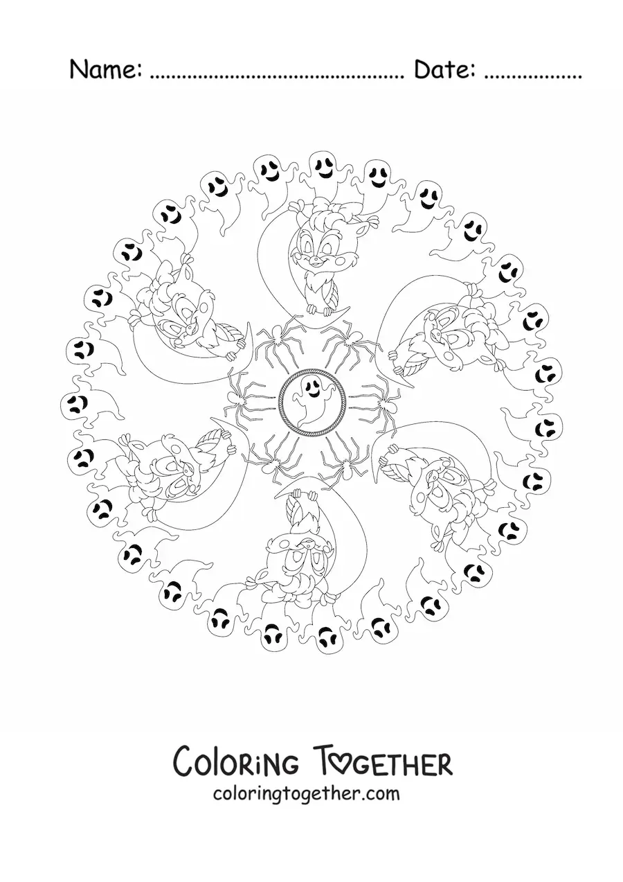 Coloring page of a Halloween mandala with a cat and owls
