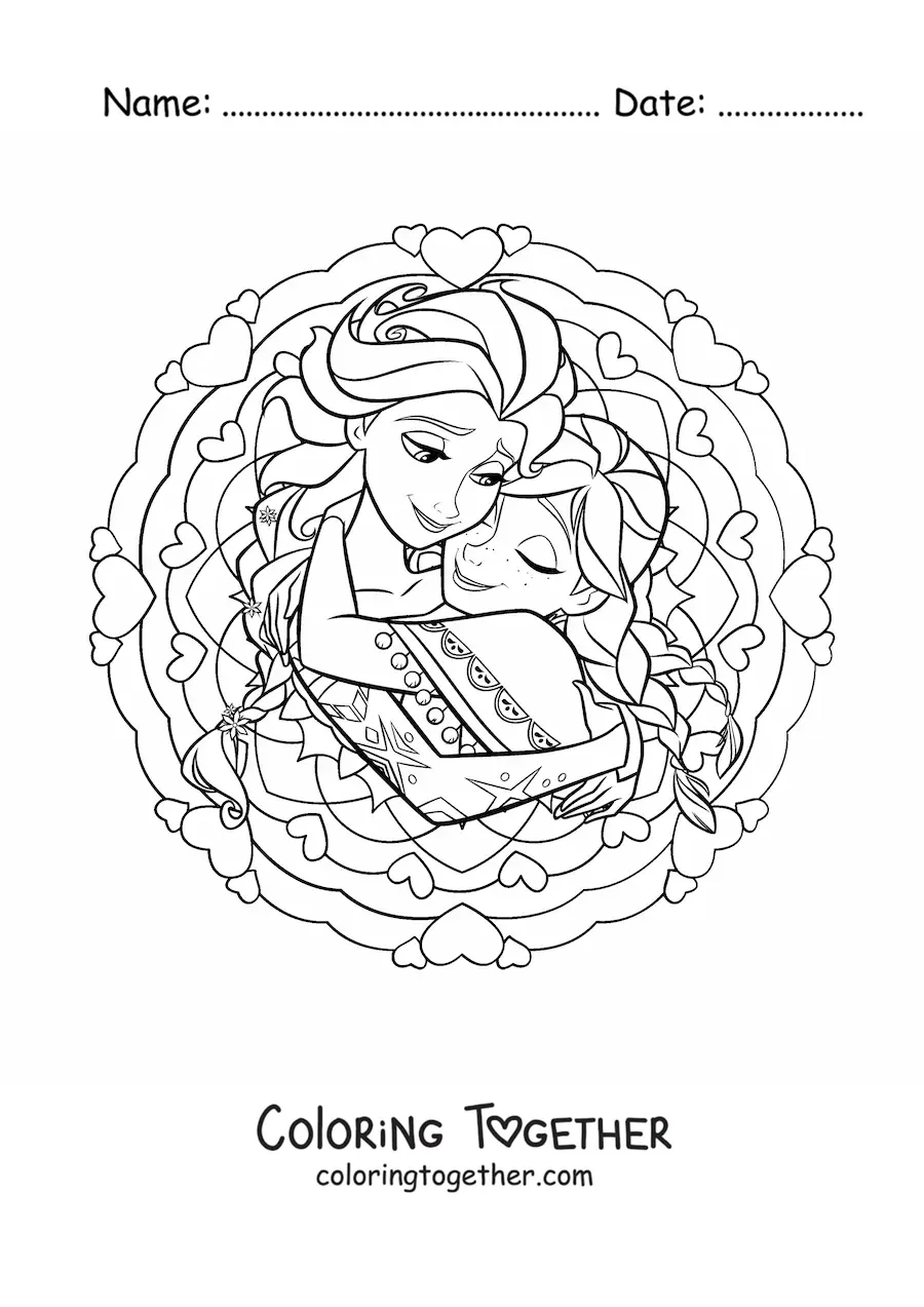 Coloring page of a mandala of Disney princesses Anna and Elsa