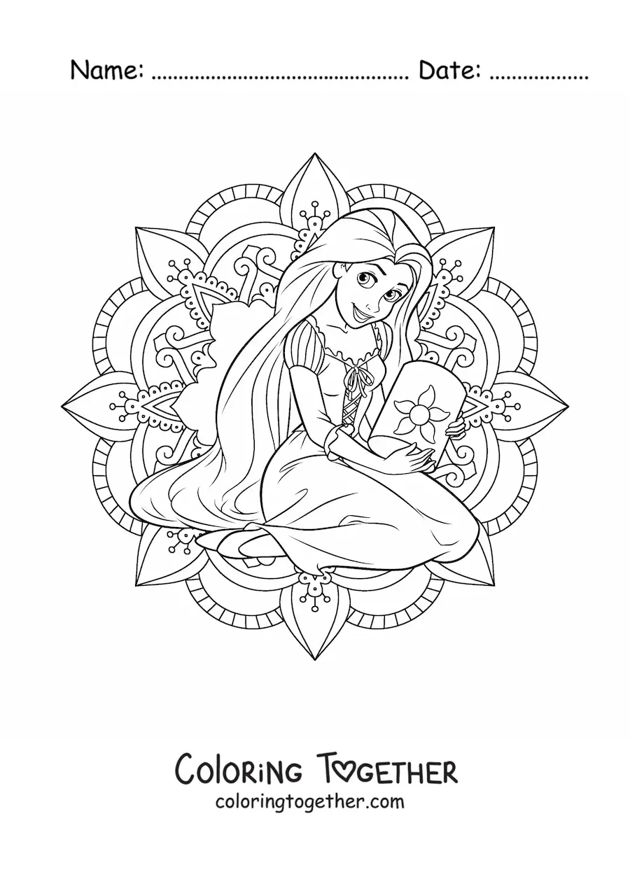 Coloring page of a mandala of Disney princess Rapunzel