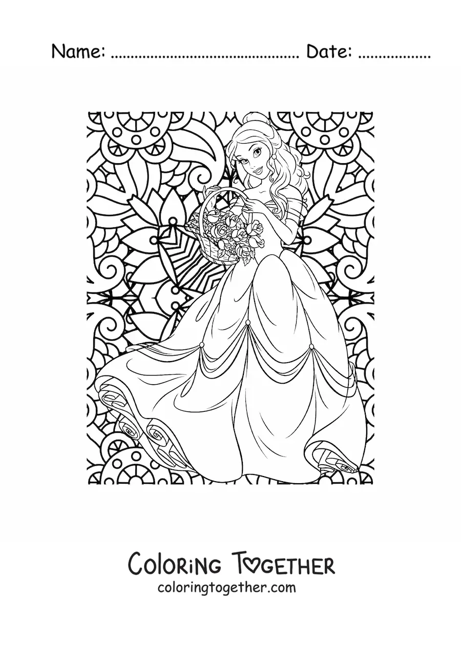 Coloring page of a mandala of Disney princess Belle