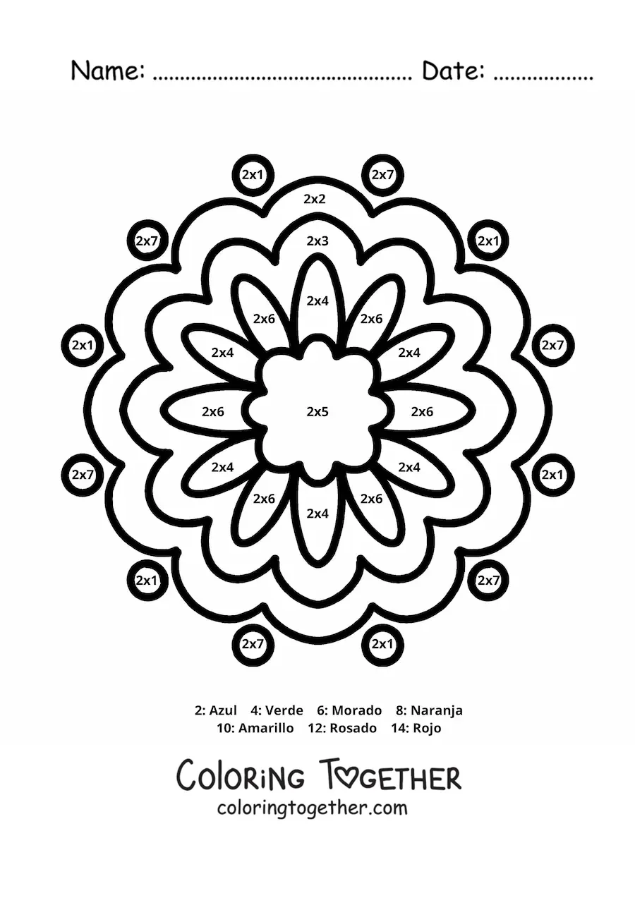 Coloring page of a multiplication mandala for the number 2