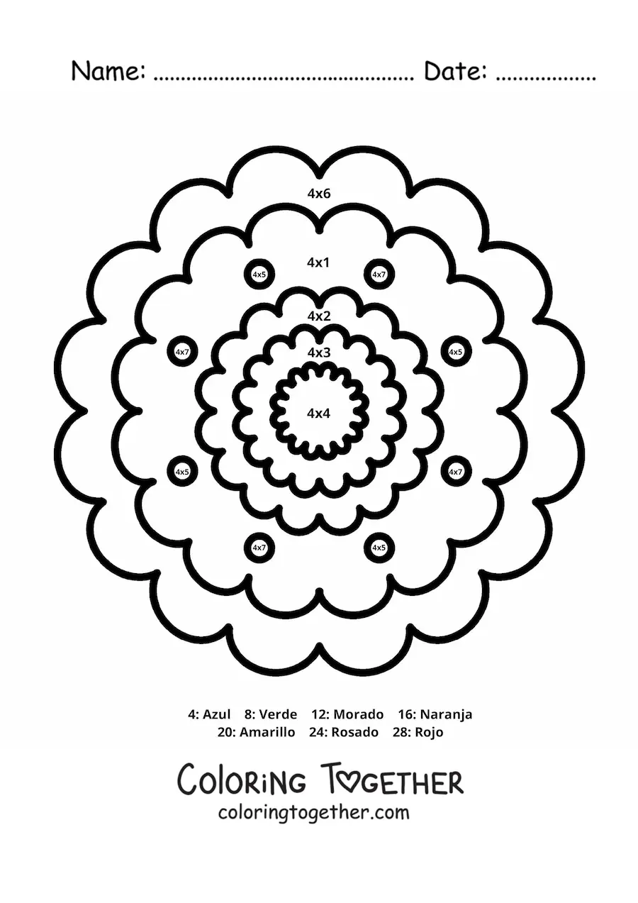 Coloring page of a multiplication mandala for the number 4
