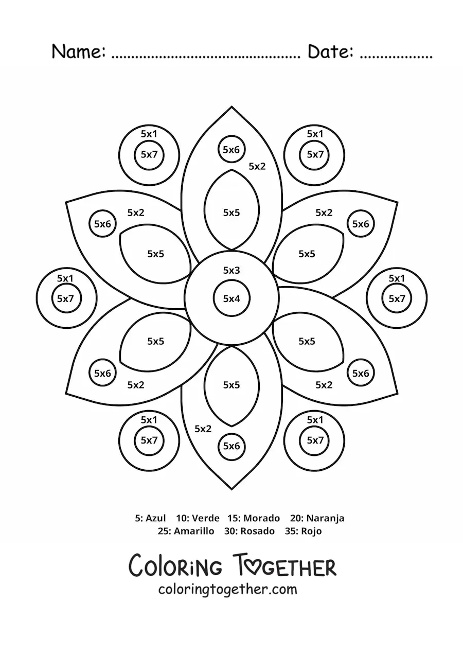 Coloring page of a multiplication mandala for the number 5