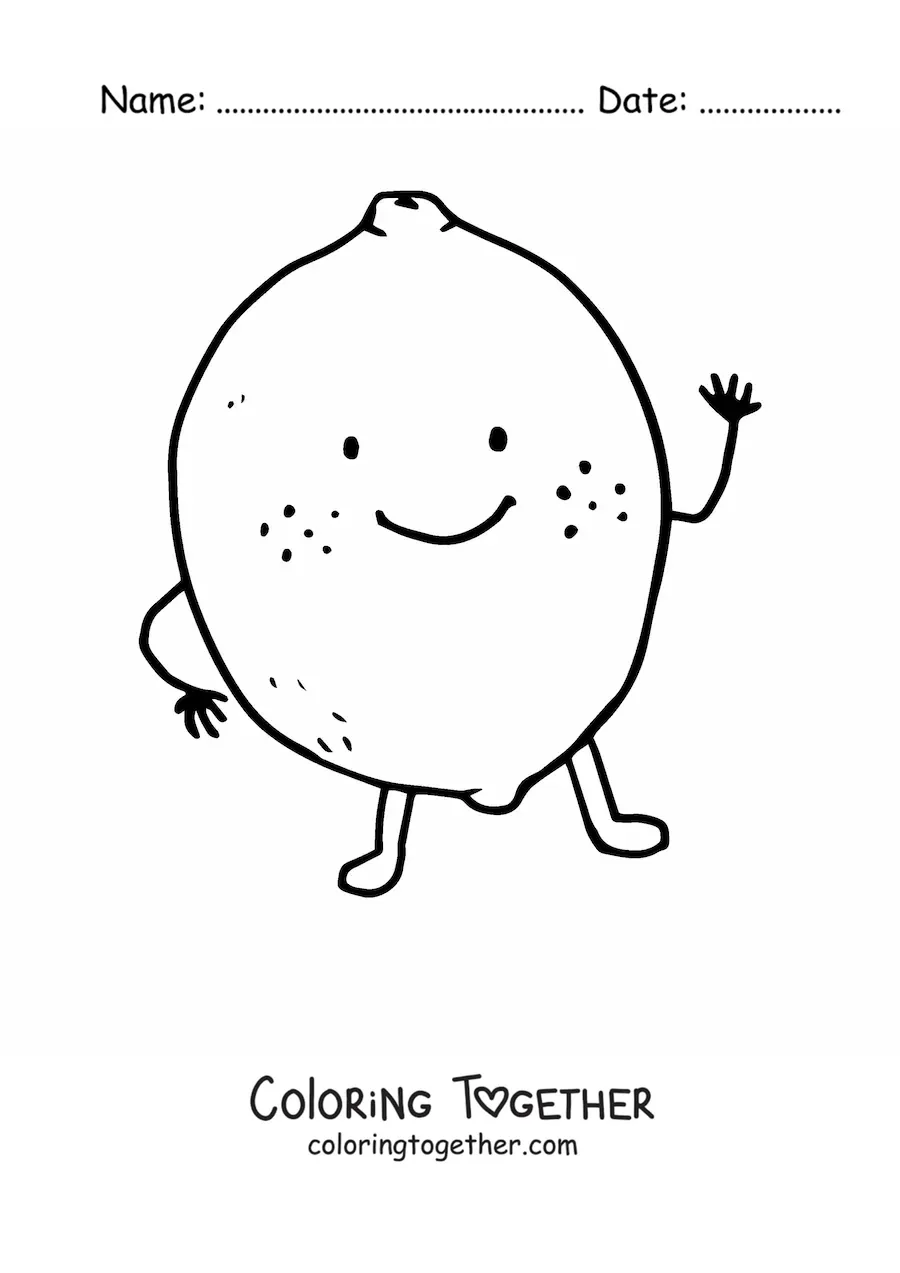 Coloring page of a smiling cartoon lemon waving