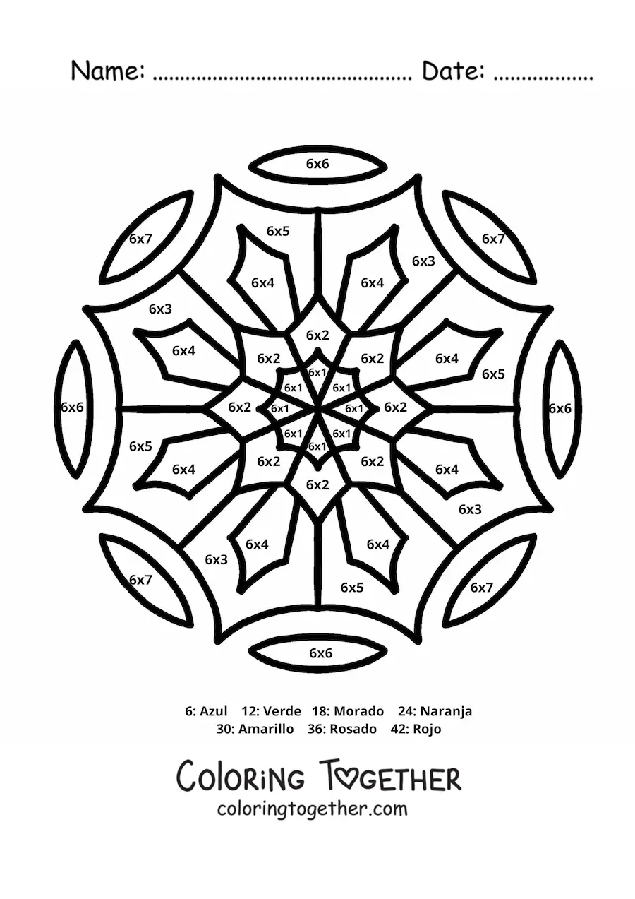 Coloring page of a multiplication mandala for the number 6