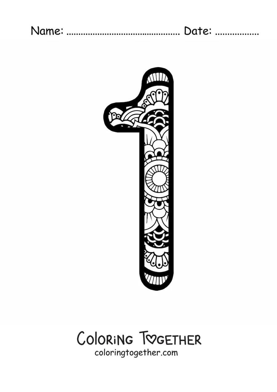 Coloring page of a mandala of the number 1