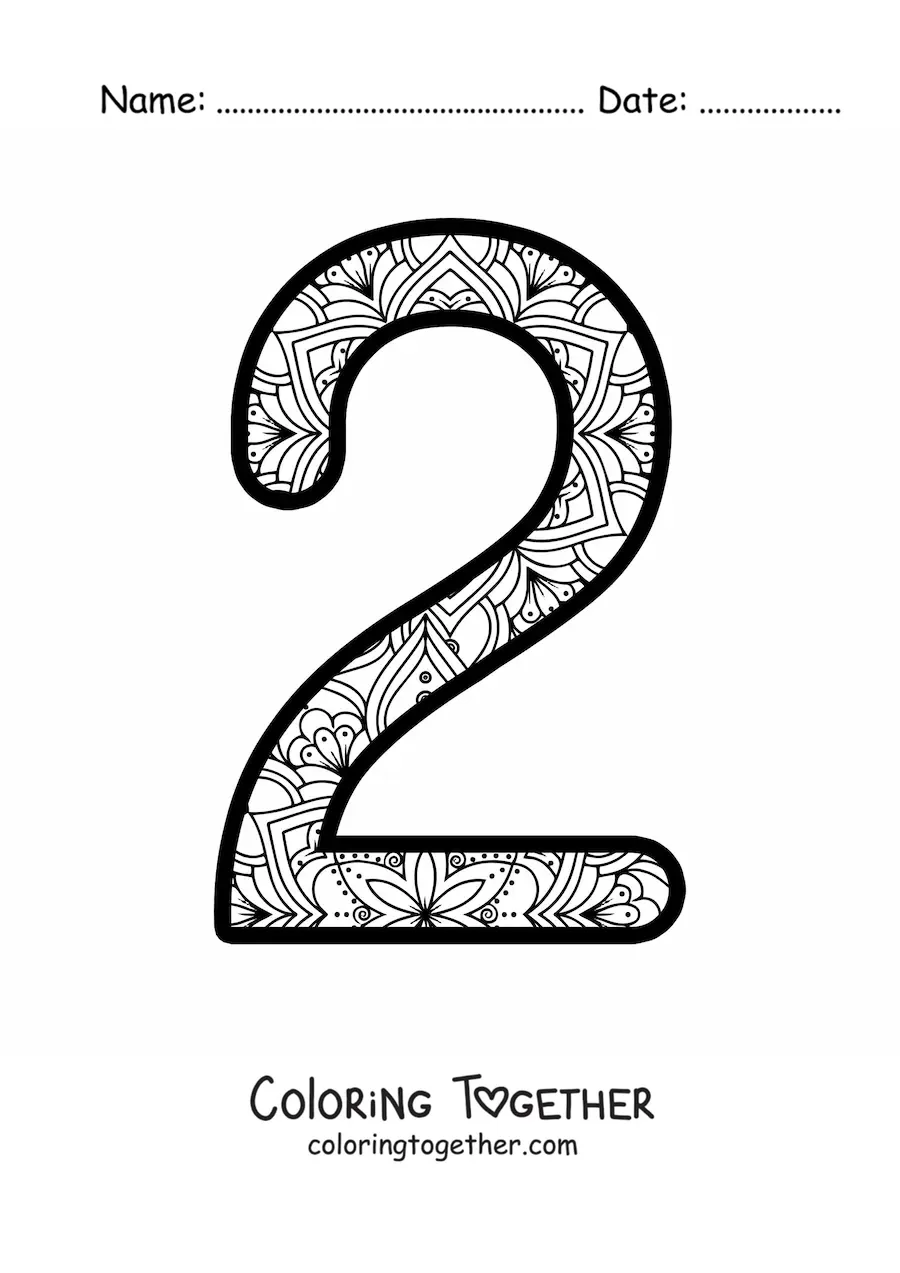 Coloring page of a mandala of the number 2